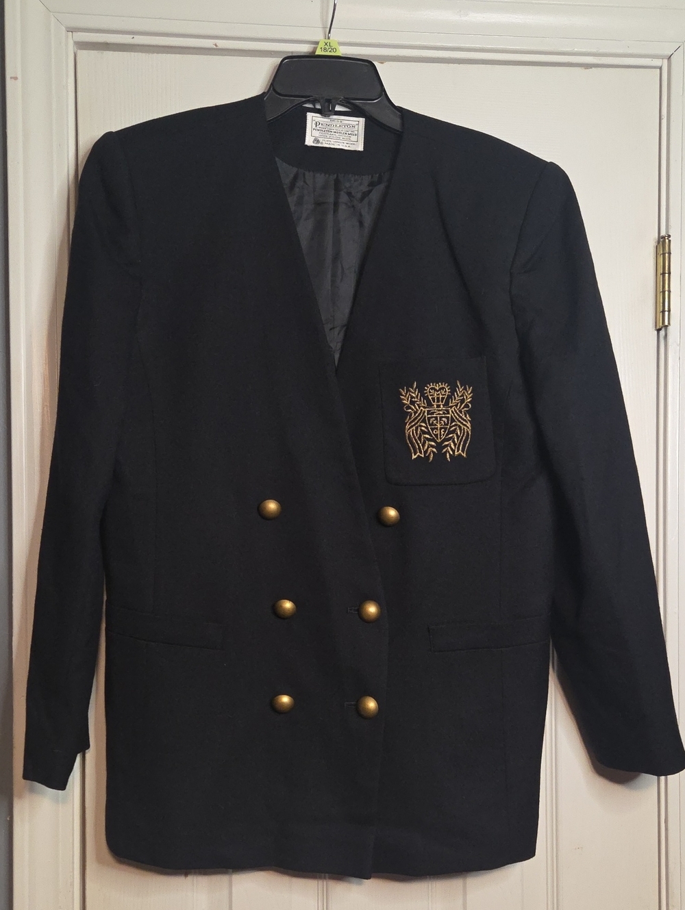 Vintage Pendleton Black Double-Breasted Wool Blazer with Gold Crest Detail